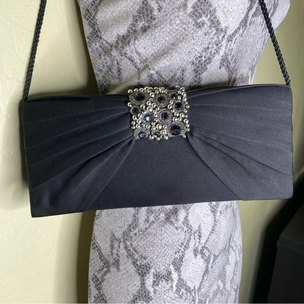Jessica McClintock Satin Black Beaded Rhinestone Evening Clutch Purse handbag